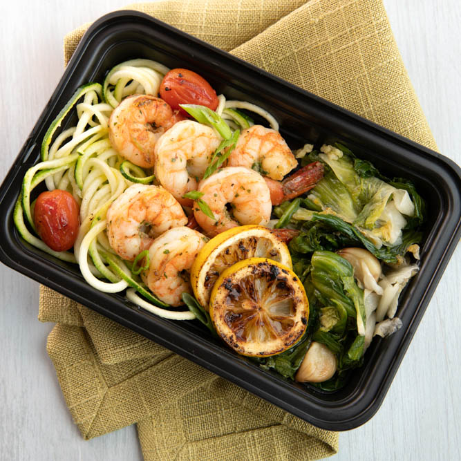 Sauteed Shrimp 'n Scallions.  Served over Spiralized Zucchini & Cherry Tomatoes and sided with Collard Greens